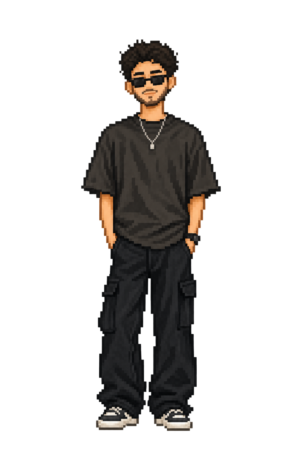 Dhruv’s pixel-art avatar wearing sunglasses and a black outfit